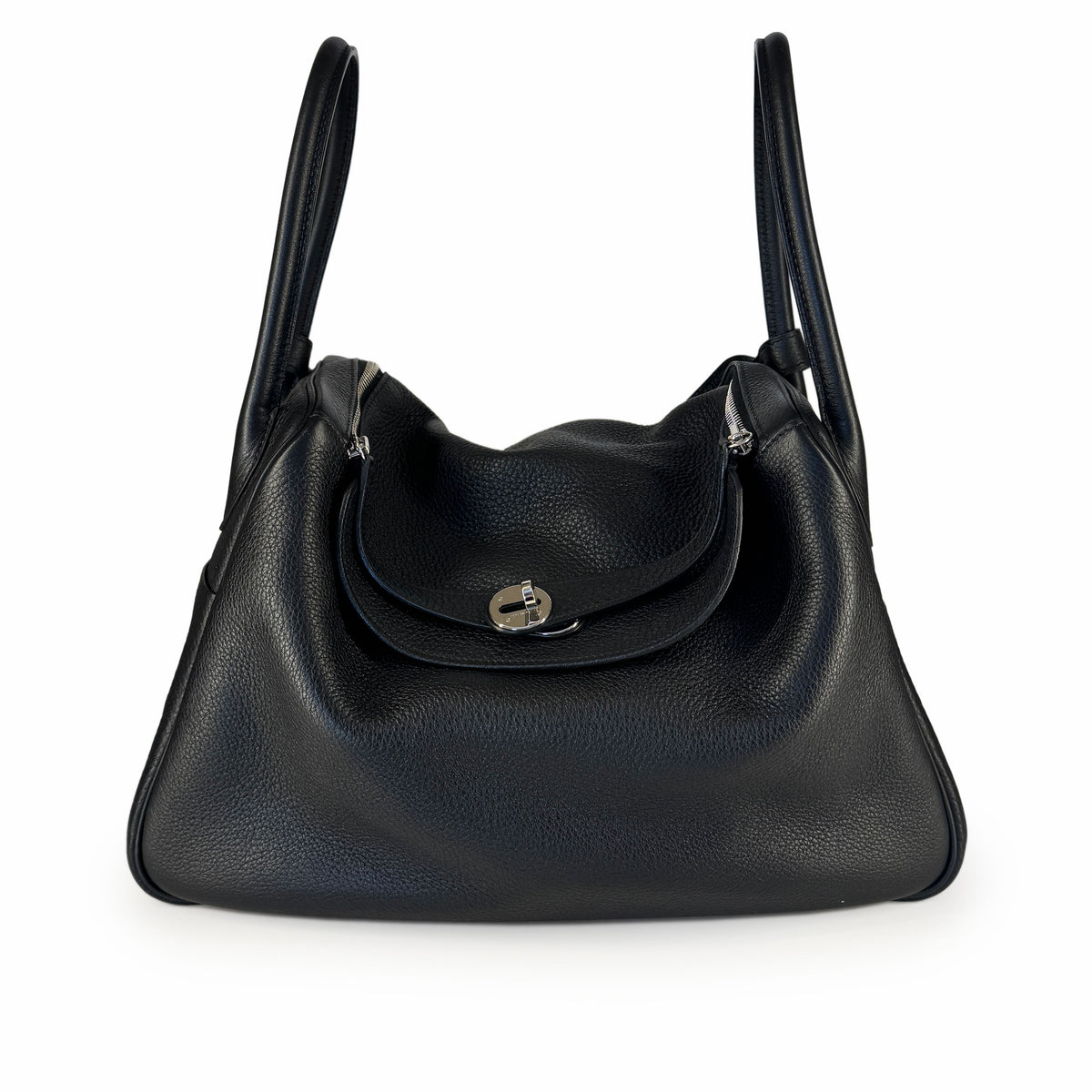 Black grained leather hobo handbag with top handles and silver hardware, curated Pre-loved Luxury by Myluxe in Helsinki.
