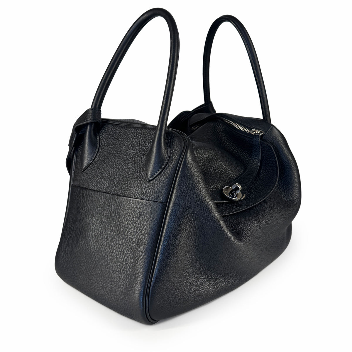 Black grained leather designer tote bag with dual top handles, curated Pre-loved Luxury by Myluxe in Helsinki.