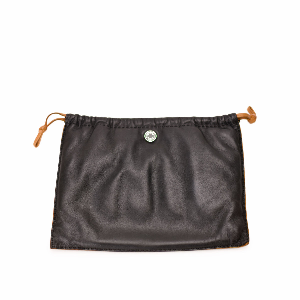 Black leather drawstring pouch with tan trim. curated Pre-loved Luxury by Myluxe in Helsinki.