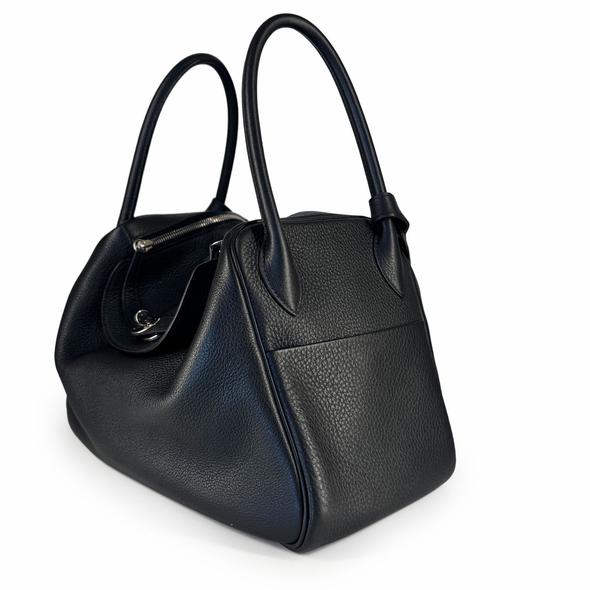 Black pebbled leather handbag with dual top handles, curated Pre-loved Luxury by Myluxe in Helsinki.