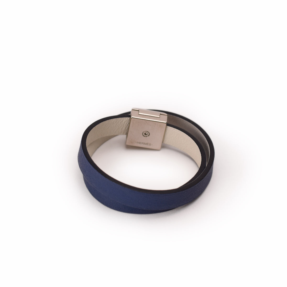 Hermès blue leather bracelet with silver-tone metal clasp. curated Pre-loved Luxury by Myluxe in Helsinki.