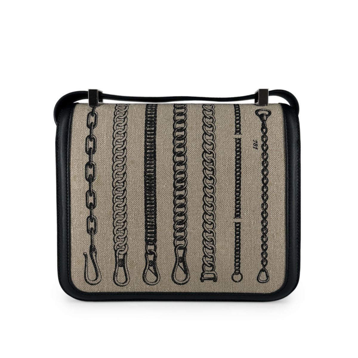 Beige canvas handbag with black chain and zipper print, curated Pre-loved Luxury by Myluxe in Helsinki.