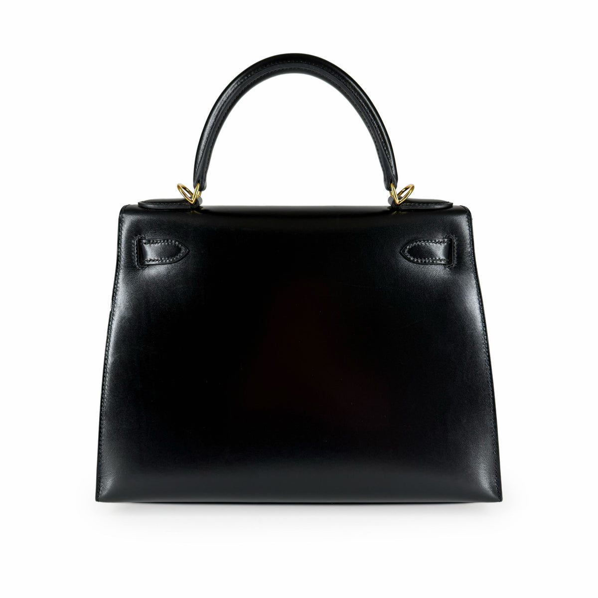 Black smooth leather top handle handbag with gold-tone hardware, curated Pre-loved Luxury by Myluxe in Helsinki.