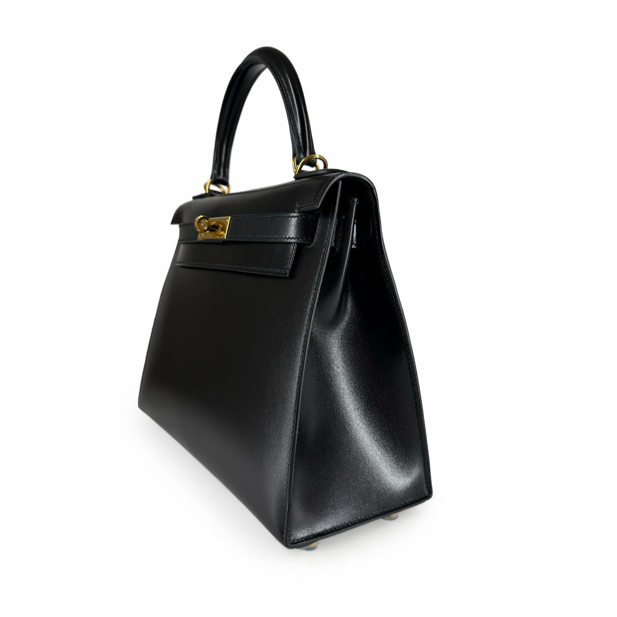 Black smooth leather top handle handbag with gold hardware, curated Pre-loved Luxury by Myluxe in Helsinki.