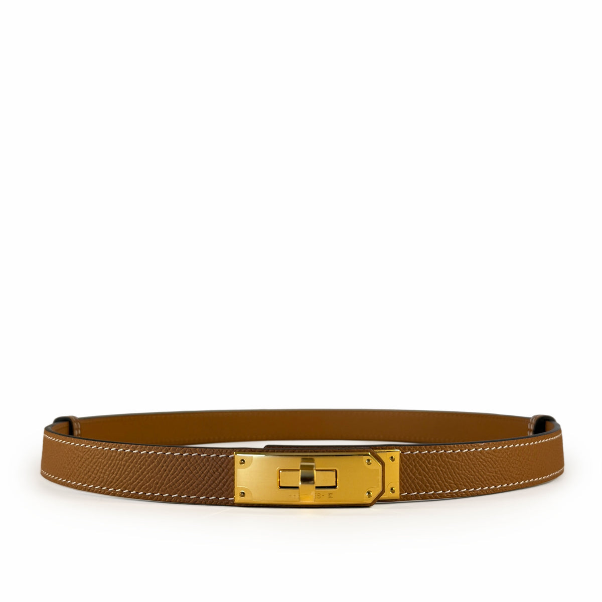 Tan pebbled leather belt with a polished gold-tone rectangular buckle, curated Pre-loved Luxury by Myluxe in Helsinki.