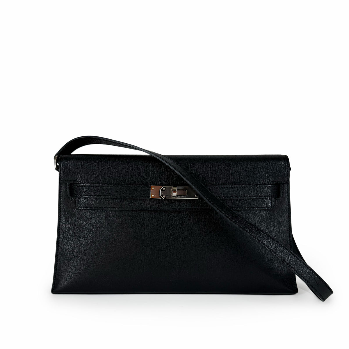 Black grained leather flap crossbody bag with silver hardware, curated Pre-loved Luxury by Myluxe in Helsinki.