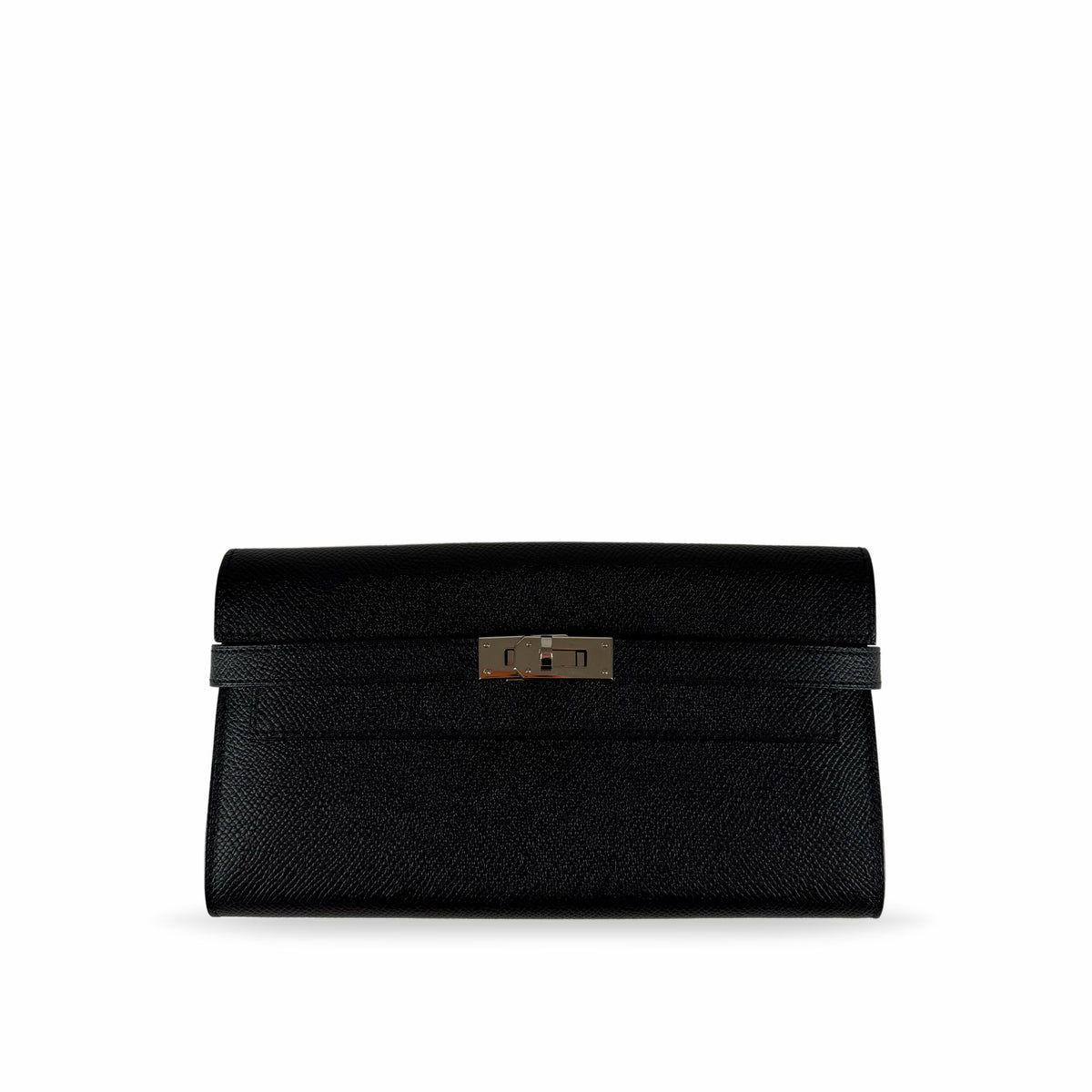 Black grained leather clutch with silver metal clasp, curated Pre-loved Luxury by Myluxe in Helsinki.