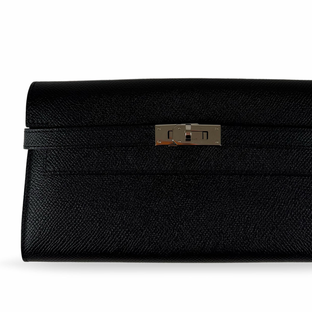 Black grained leather clutch with silver metallic clasp, curated Pre-loved Luxury by Myluxe in Helsinki.