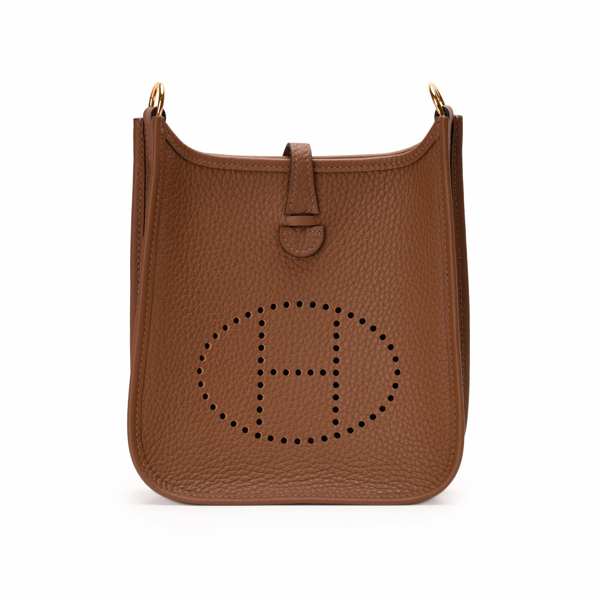 Brown grained leather bucket bag with perforated H logo, curated Pre-loved Luxury by Myluxe in Helsinki.