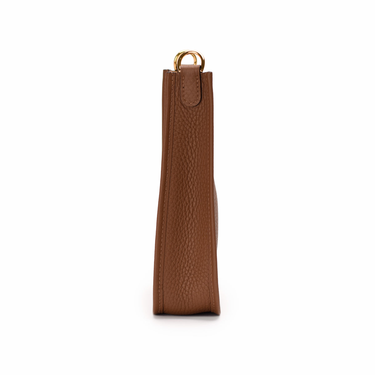 Side view of a tan pebbled leather handbag with a gold-tone ring detail, curated Pre-loved Luxury by Myluxe in Helsinki.