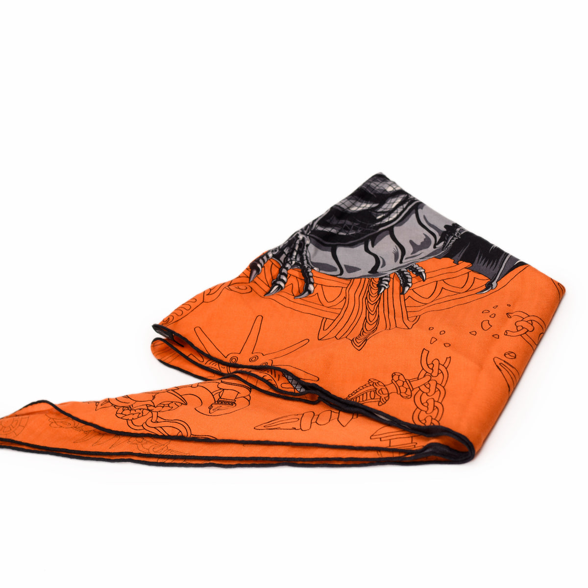 Orange silk scarf with black illustrative nautical patterns. curated Pre-loved Luxury by Myluxe in Helsinki.