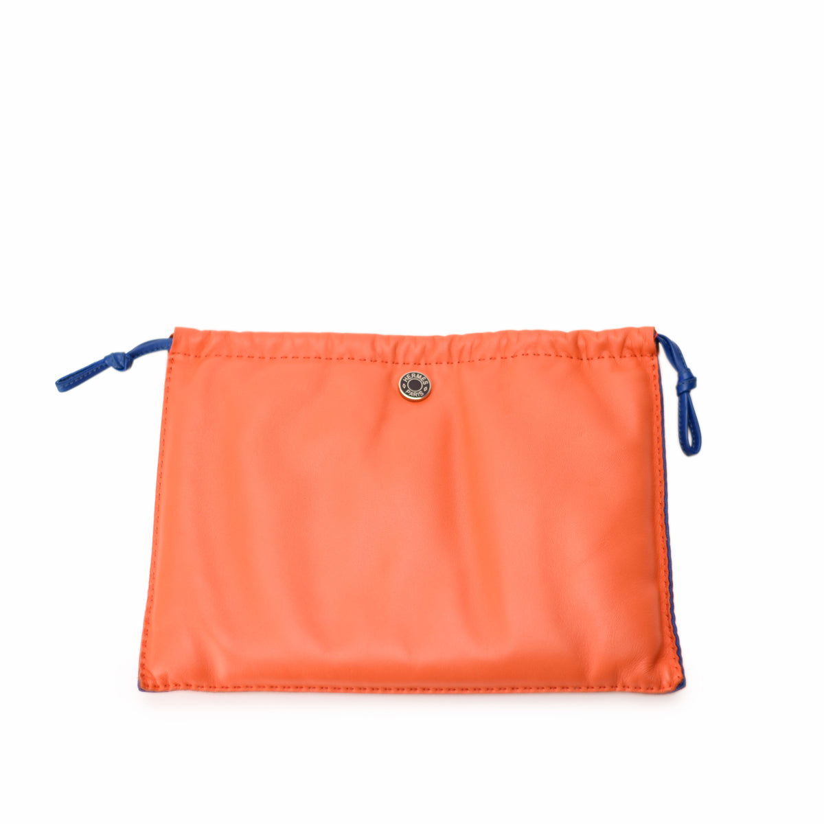 Orange Hermès drawstring pouch in soft leather. curated Pre-loved Luxury by Myluxe in Helsinki.