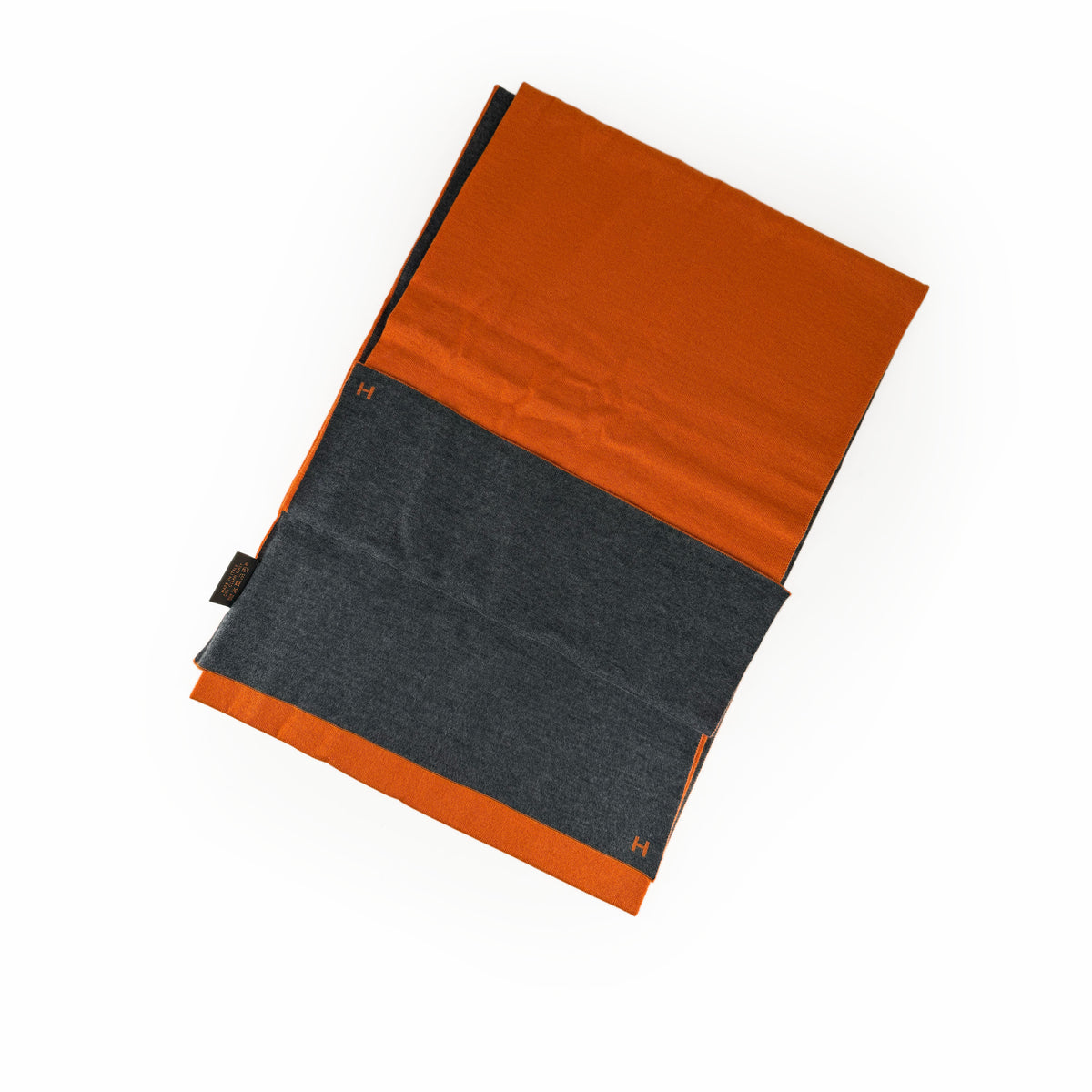 Orange and charcoal grey Hermès silk scarf, curated Pre-loved Luxury by Myluxe in Helsinki.
