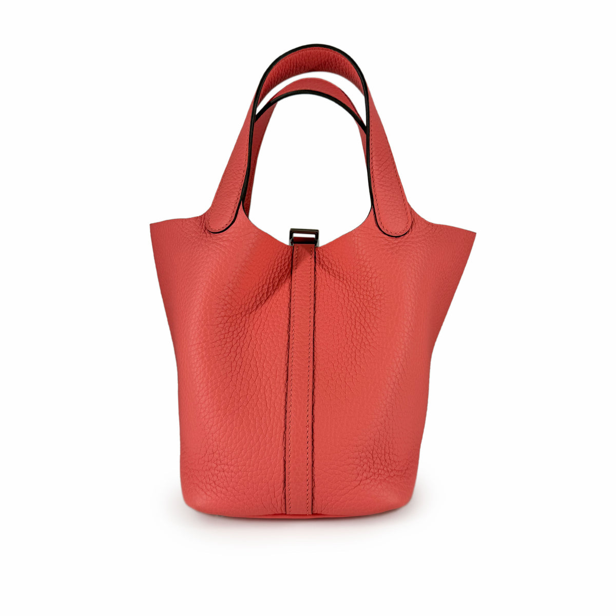 Coral red pebbled leather tote handbag, curated Pre-loved Luxury by Myluxe in Helsinki.