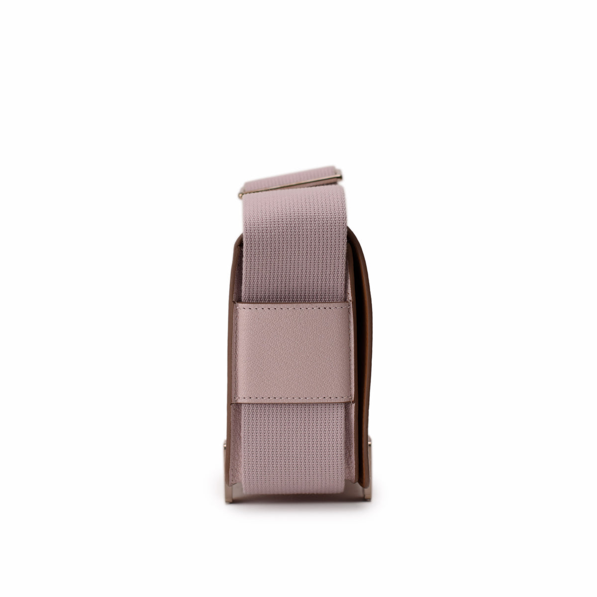 Mauve pink leather and canvas crossbody bag with wide strap. curated Pre-loved Luxury by Myluxe in Helsinki.