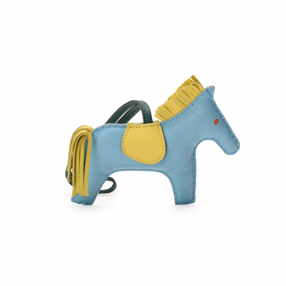 Light blue leather horse-shaped coin purse with yellow fringe and saddle. curated Pre-loved Luxury by Myluxe in Helsinki.