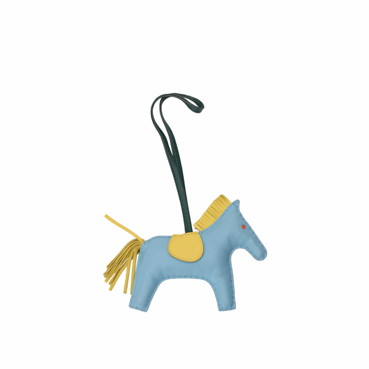 Light blue leather horse charm with yellow mane and tail, curated Pre-loved Luxury by Myluxe in Helsinki.