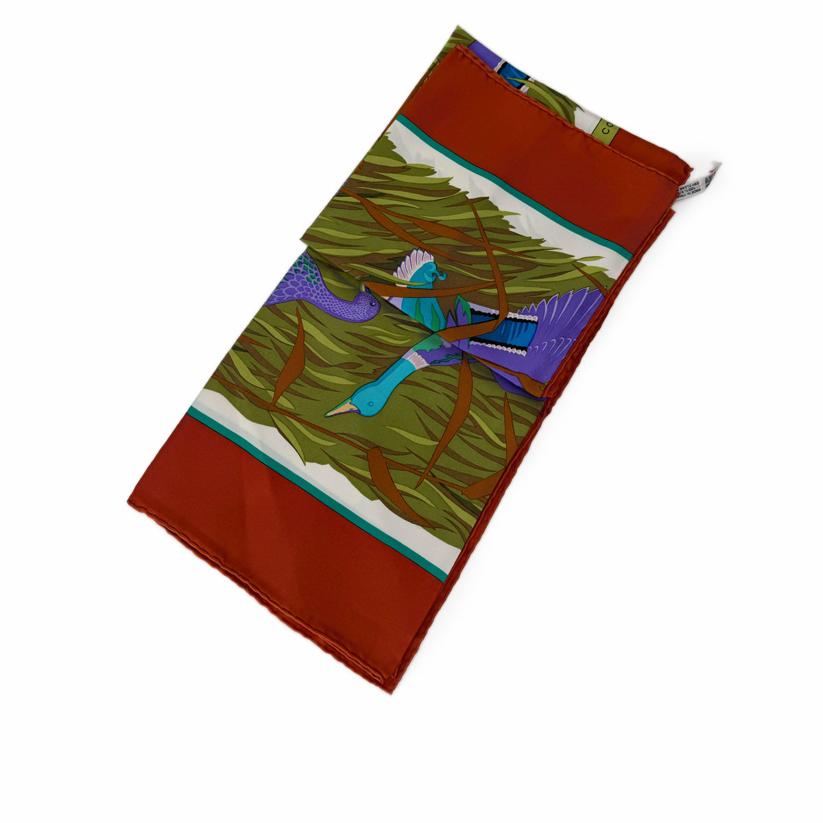 Silk scarf with teal and purple bird print and rust-orange borders, curated Pre-loved Luxury by Myluxe in Helsinki.