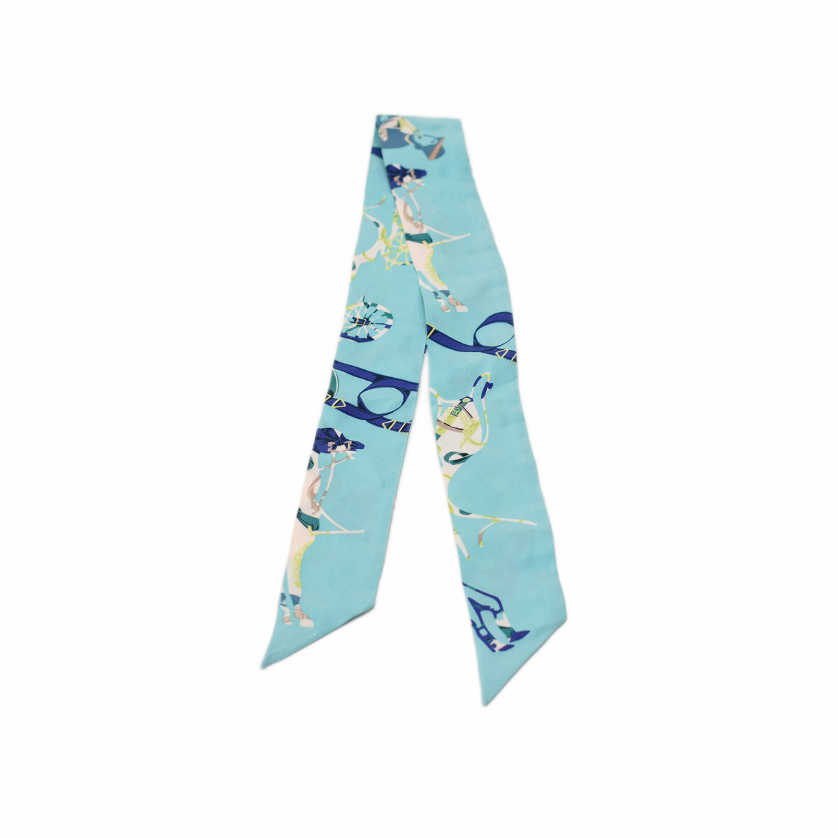 Light blue silk twill scarf with equestrian print, curated Pre-loved Luxury by Myluxe in Helsinki.