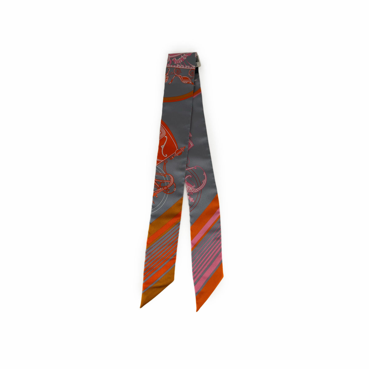 Grey silk scarf with orange and pink nautical patterns, curated Pre-loved Luxury by Myluxe in Helsinki.