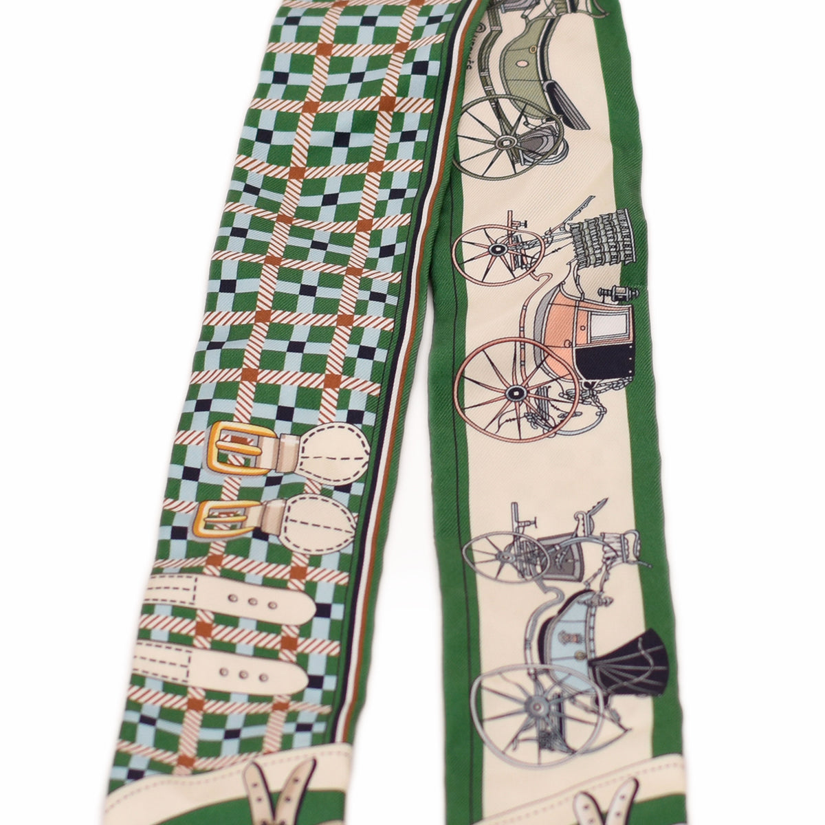 Green and cream silk scarf with horse carriage and checkered patterns. curated Pre-loved Luxury by Myluxe in Helsinki.