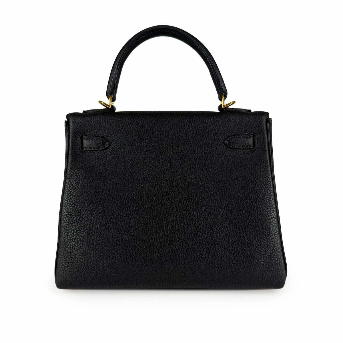 Black grained leather top handle handbag with gold-tone hardware, curated Pre-loved Luxury by Myluxe in Helsinki.