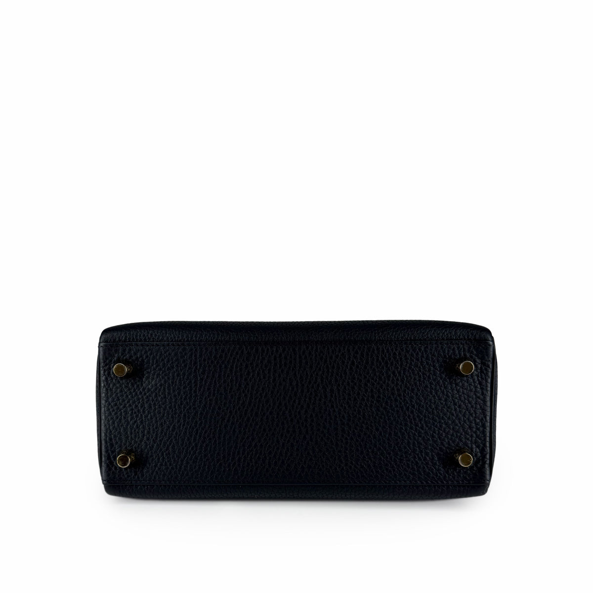 Black pebbled leather luxury handbag base with gold-tone metal feet, curated Pre-loved Luxury by Myluxe in Helsinki.