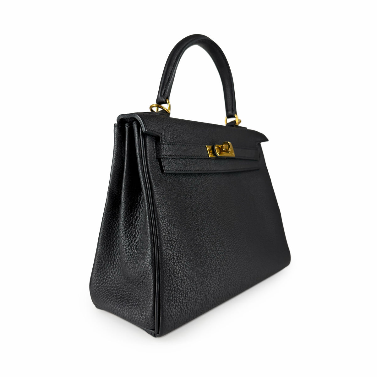 Black grained leather top handle handbag with gold hardware, curated Pre-loved Luxury by Myluxe in Helsinki.