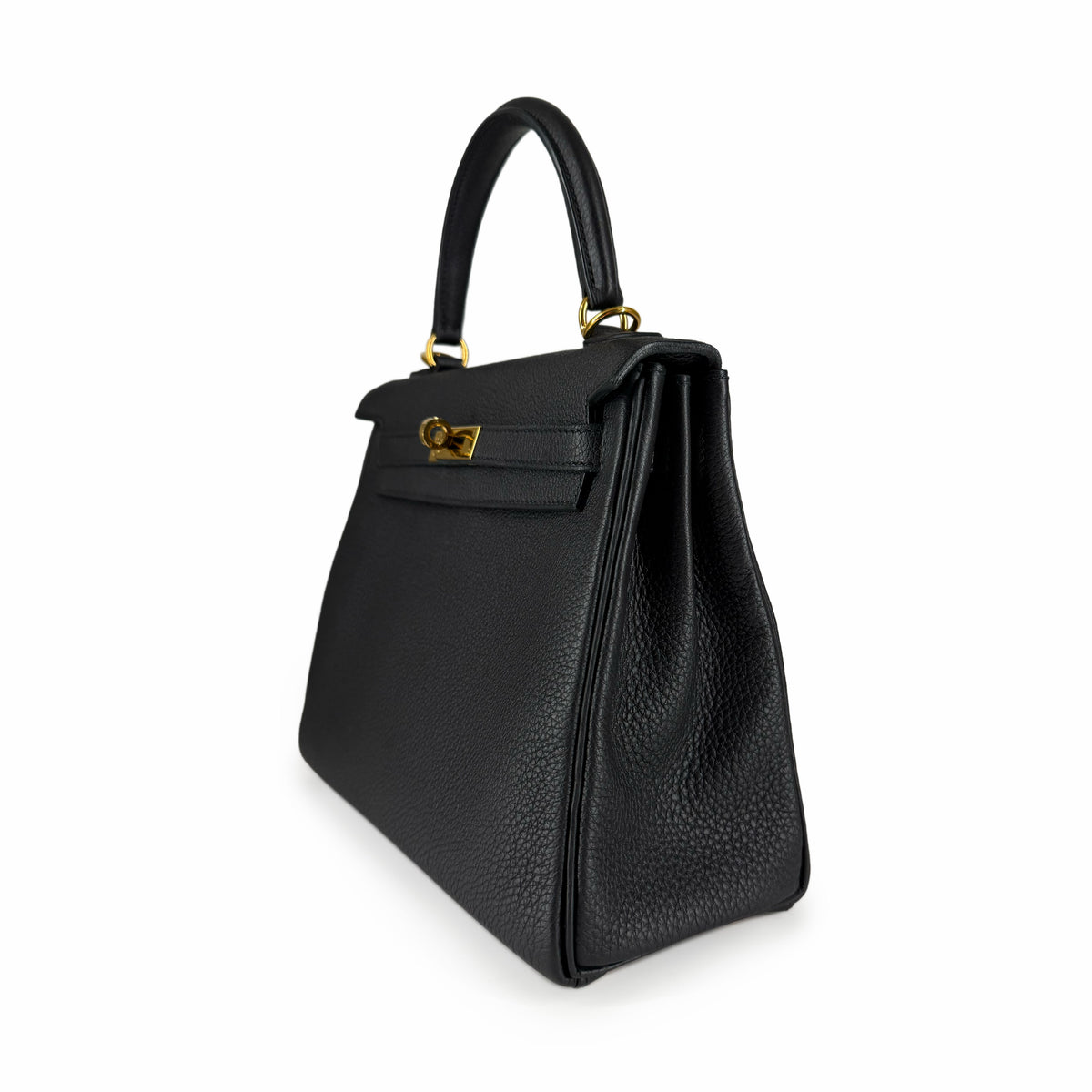 Black grained leather top handle handbag with gold-tone hardware, curated Pre-loved Luxury by Myluxe in Helsinki.