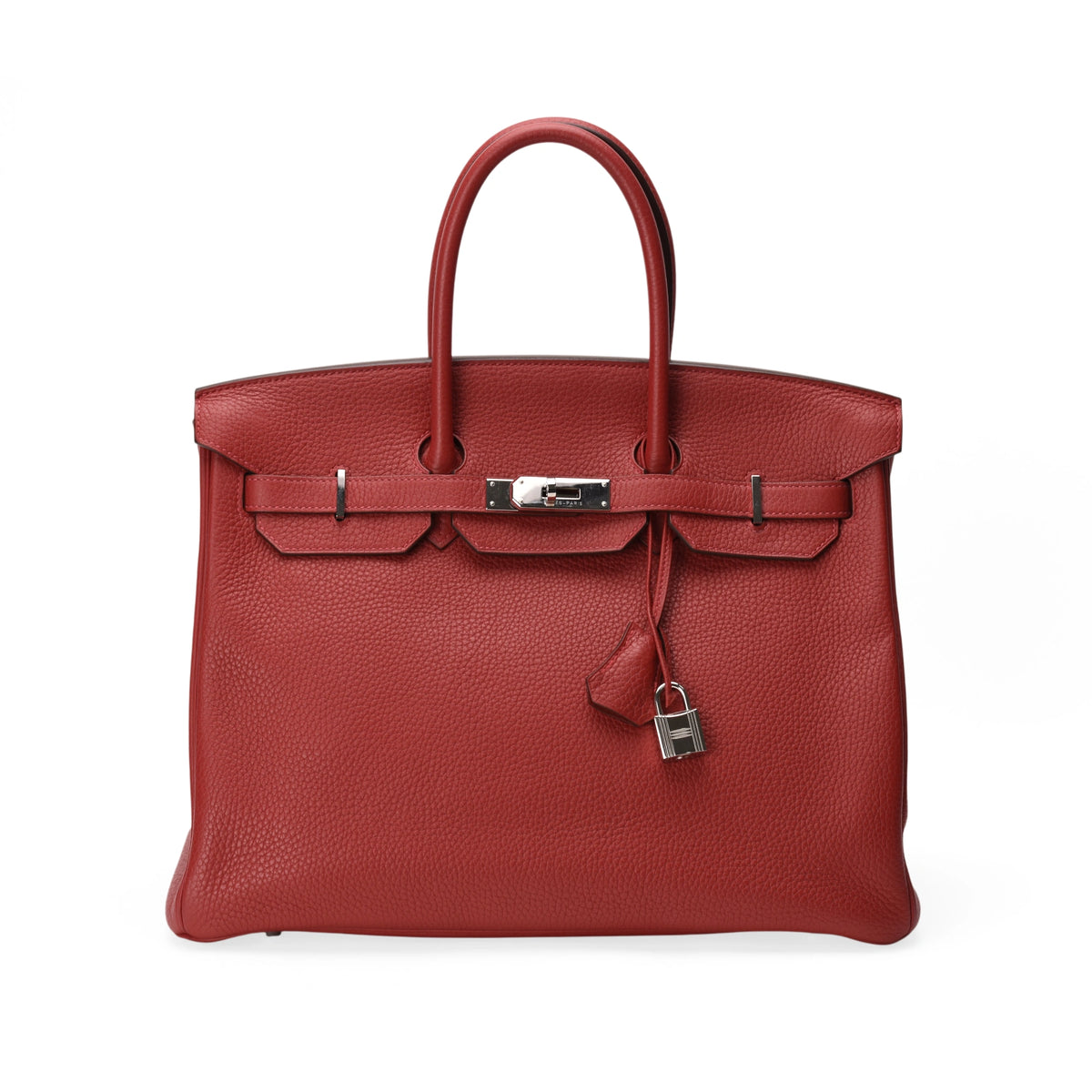 Hermès Birkin 35 in Rouge Casaque Clemence leather with PHW hardware. curated Pre-loved Luxury by Myluxe in Helsinki.