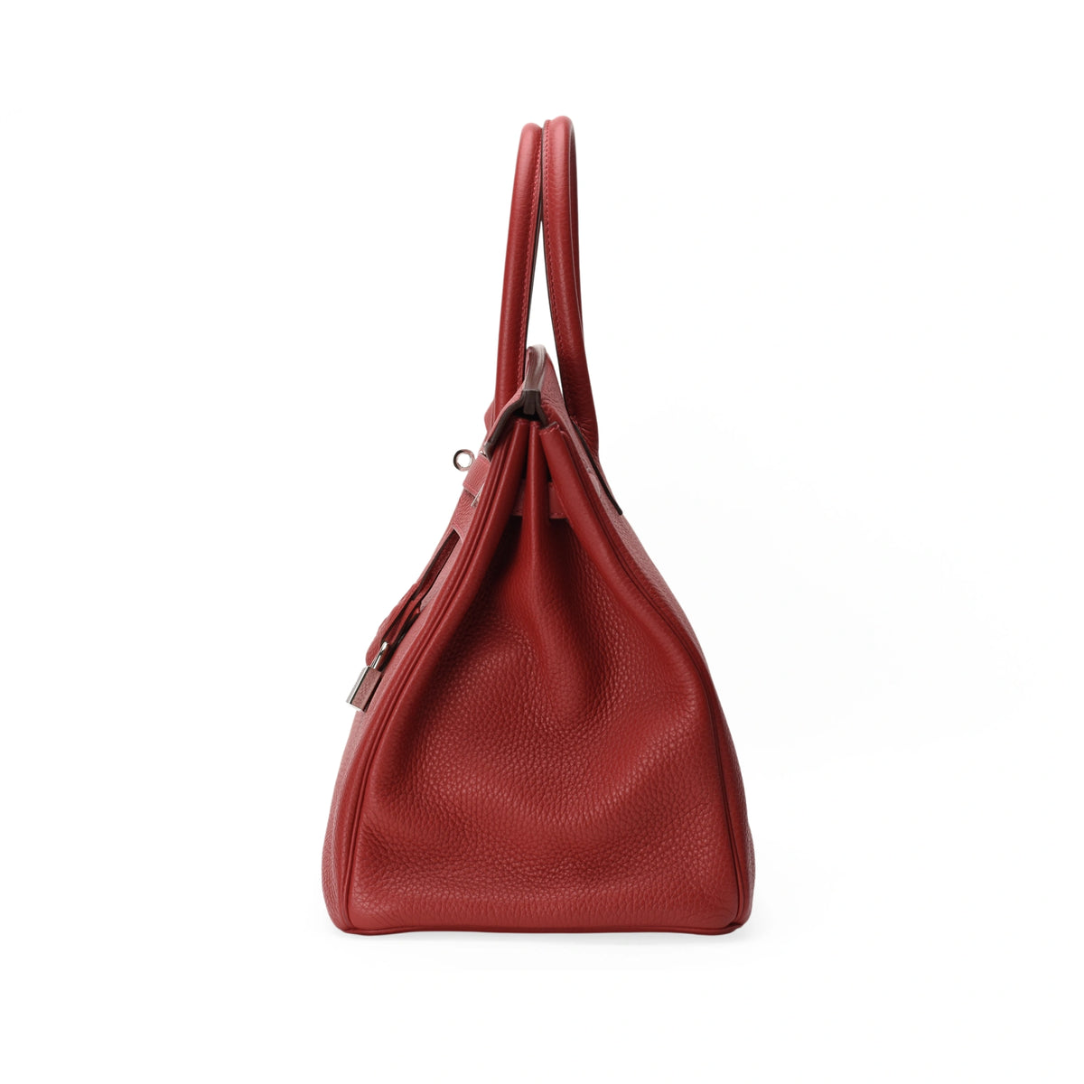Hermès Birkin 35 in Rouge Casaque Clemence leather, side view. curated Pre-loved Luxury by Myluxe in Helsinki.