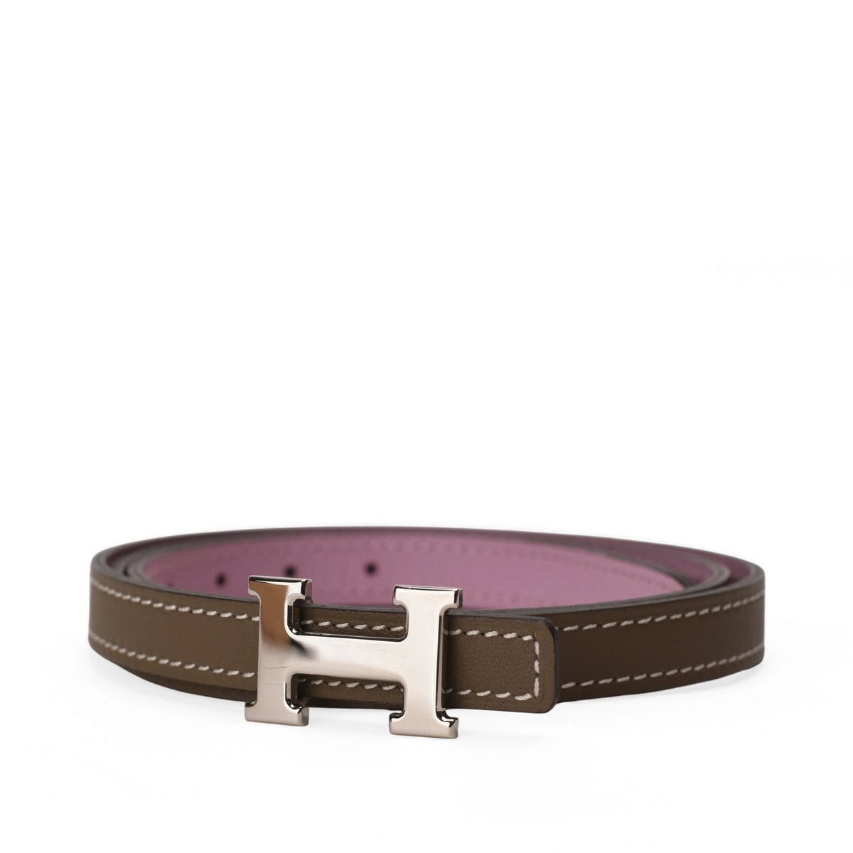 Hermès H Belt 13 in reversible Etoupe Swift and Mauve Epsom leather with PHW buckle. curated Pre-loved Luxury by Myluxe in Helsinki.