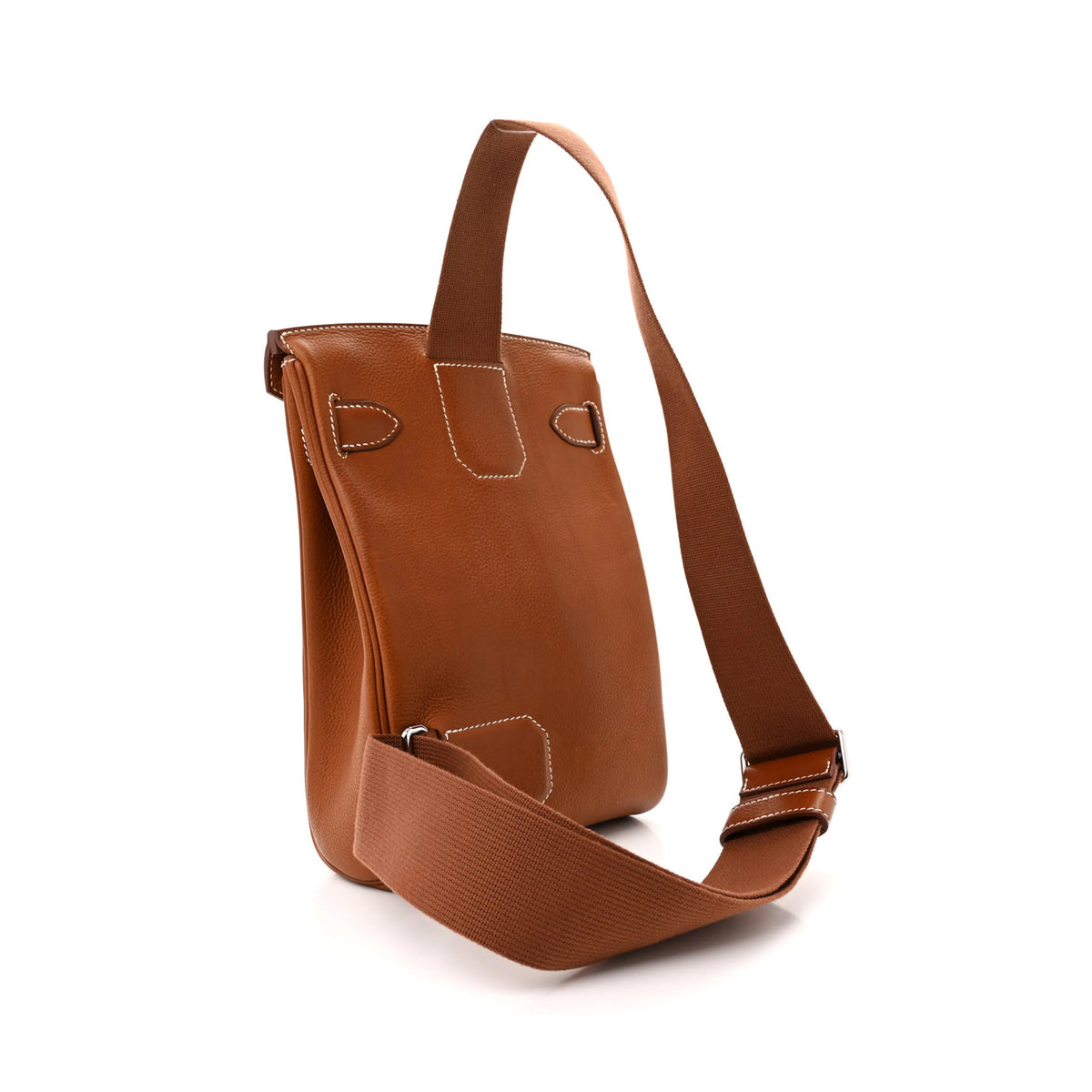 Tan leather crossbody bag with a wide fabric shoulder strap, curated Pre-loved Luxury by Myluxe in Helsinki.