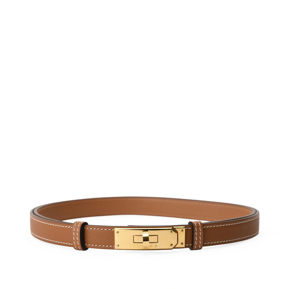 Brown leather Hermès belt with gold-tone buckle, curated Pre-loved Luxury by Myluxe in Helsinki.