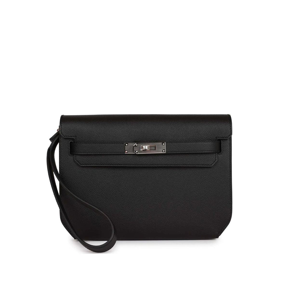 Black grained leather flap clutch with silver-tone hardware, curated Pre-loved Luxury by Myluxe in Helsinki.