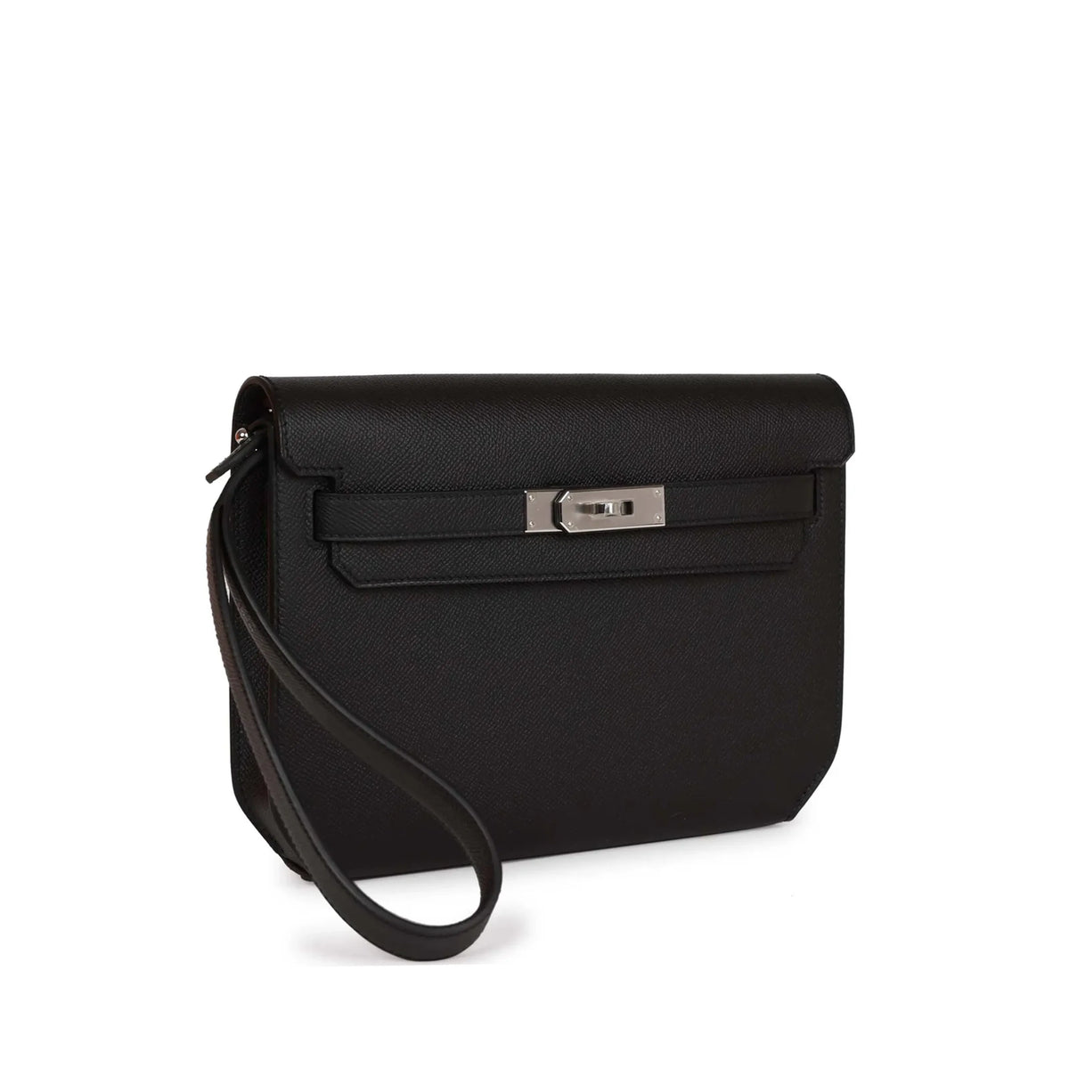 Black textured leather flap clutch with silver metal hardware, curated Pre-loved Luxury by Myluxe in Helsinki.