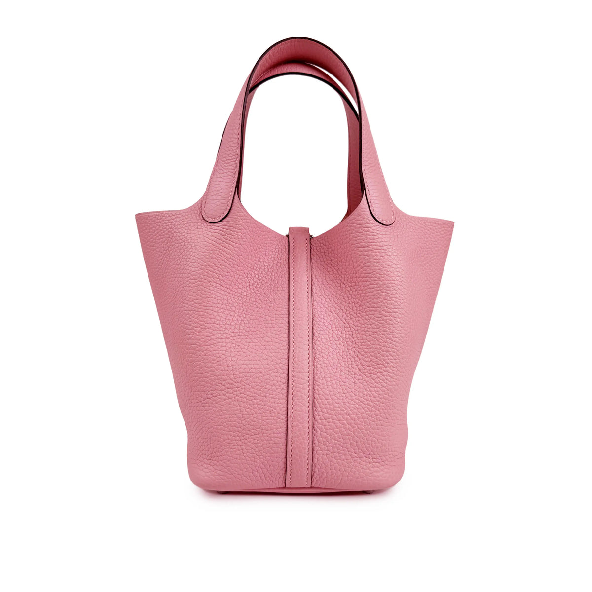 Pink pebbled leather tote bag with dual top handles, curated Pre-loved Luxury by Myluxe in Helsinki.