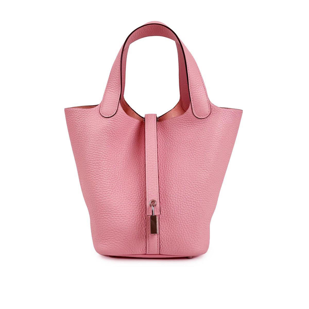 Pink pebbled leather tote bag with silver hardware, curated Pre-loved Luxury by Myluxe in Helsinki.