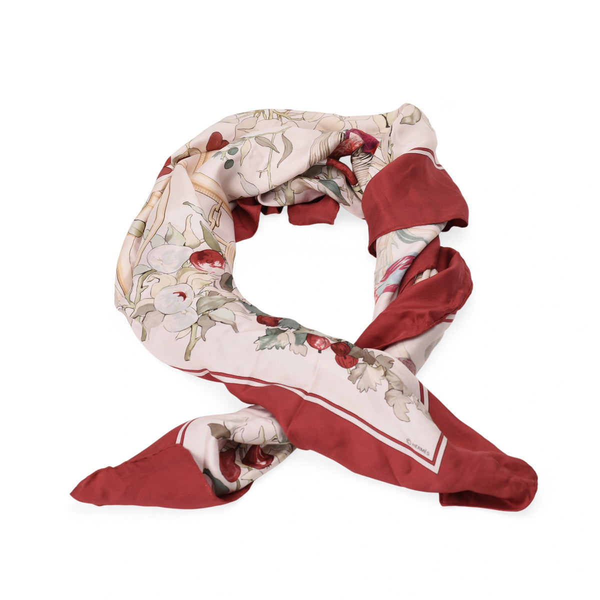 Hermès beige silk scarf with red floral and bird motifs, curated Pre-loved Luxury by Myluxe in Helsinki.