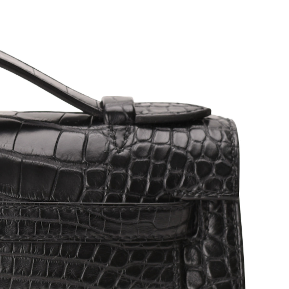Hermès Kelly Pochette in black matte alligator leather. curated Pre-loved Luxury by Myluxe in Helsinki.