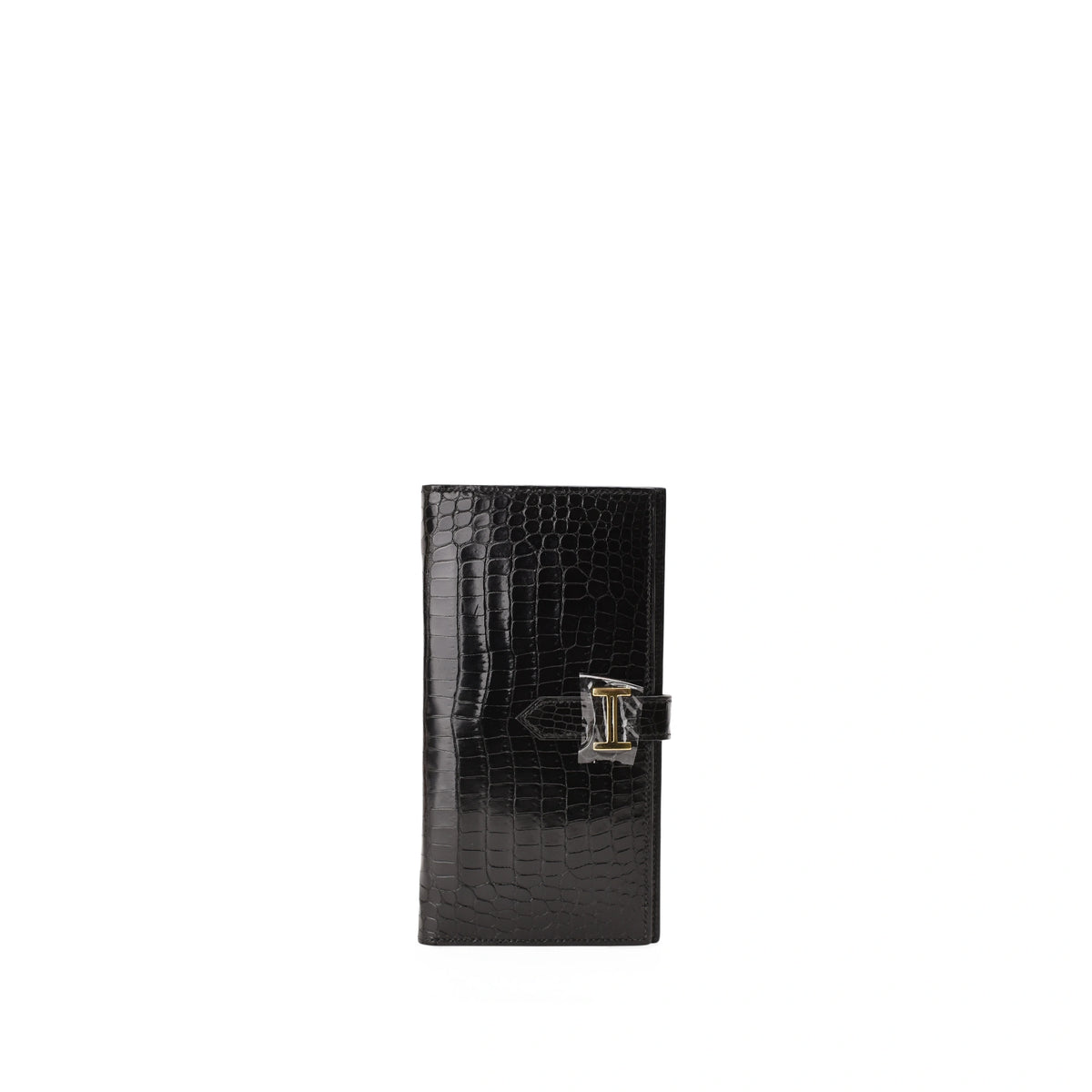 Hermès Bearn black crocodile leather wallet with gold hardware. curated Pre-loved Luxury by Myluxe in Helsinki.