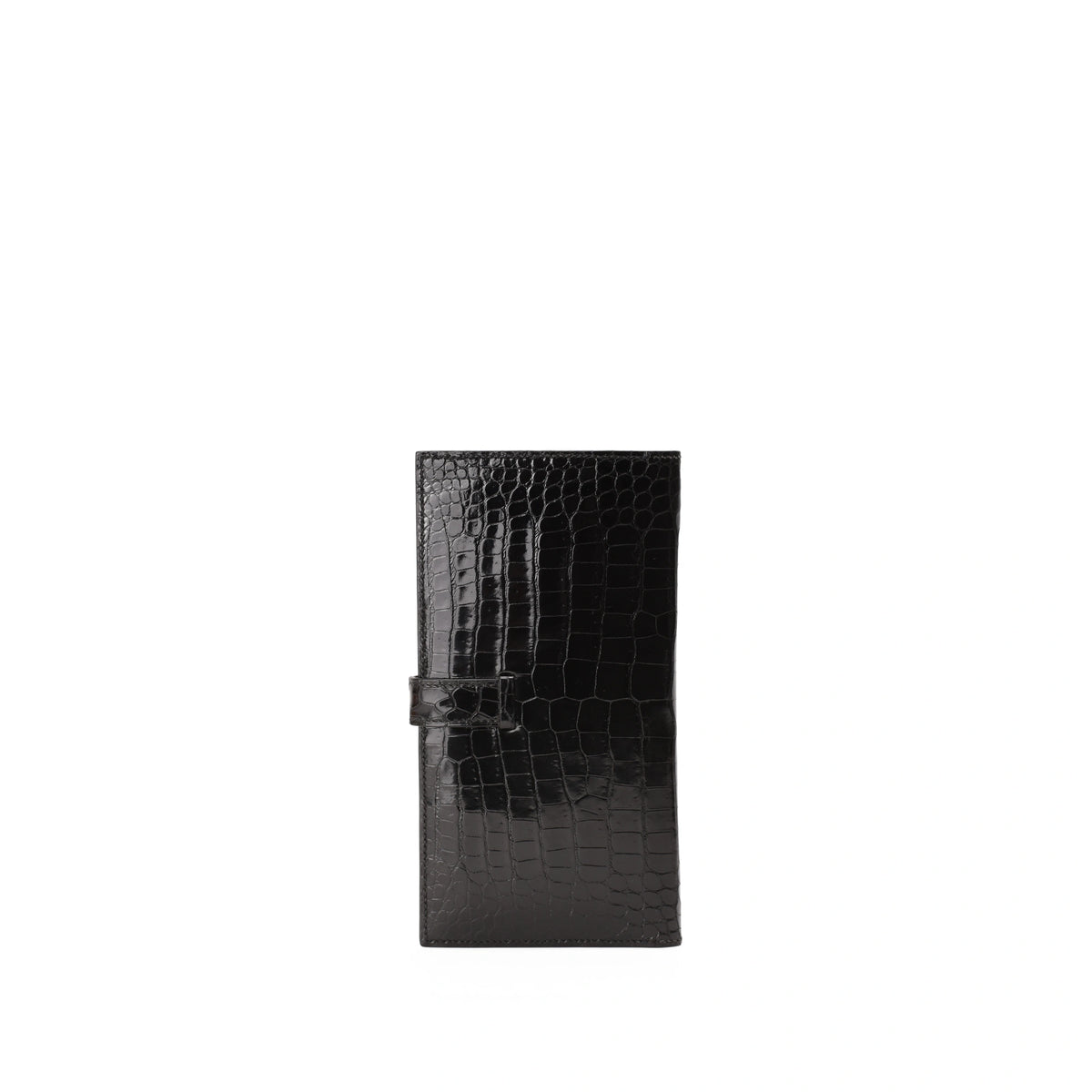 Hermès Bearn black crocodile leather wallet with gold hardware. curated Pre-loved Luxury by Myluxe in Helsinki.