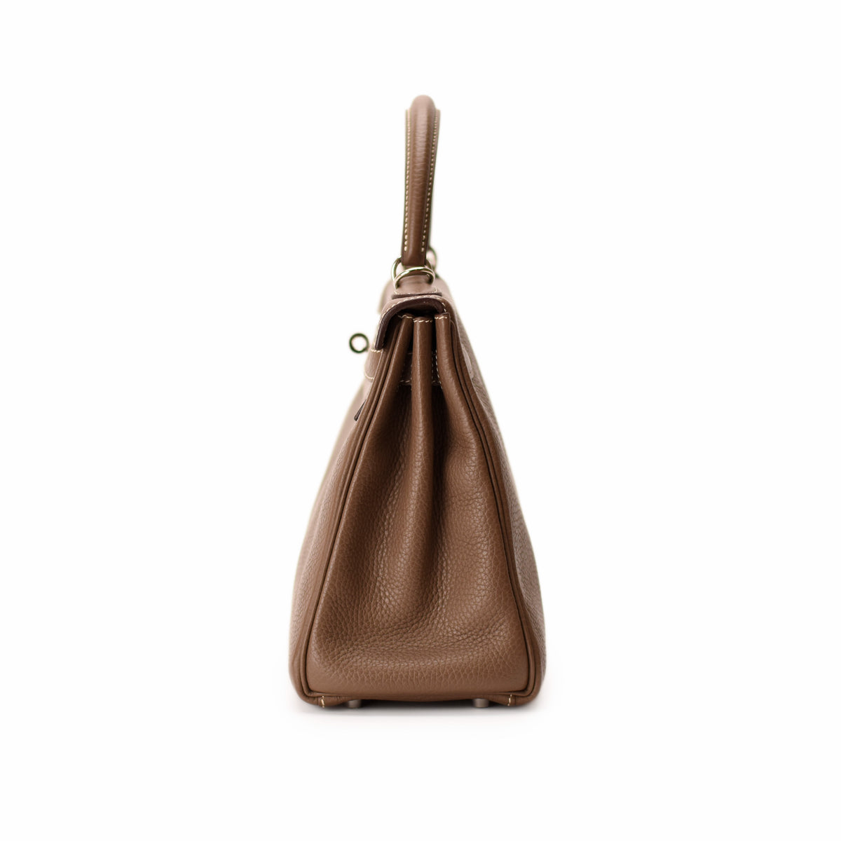 Brown pebbled leather handbag with top handle and gold hardware. curated Pre-loved Luxury by Myluxe in Helsinki.