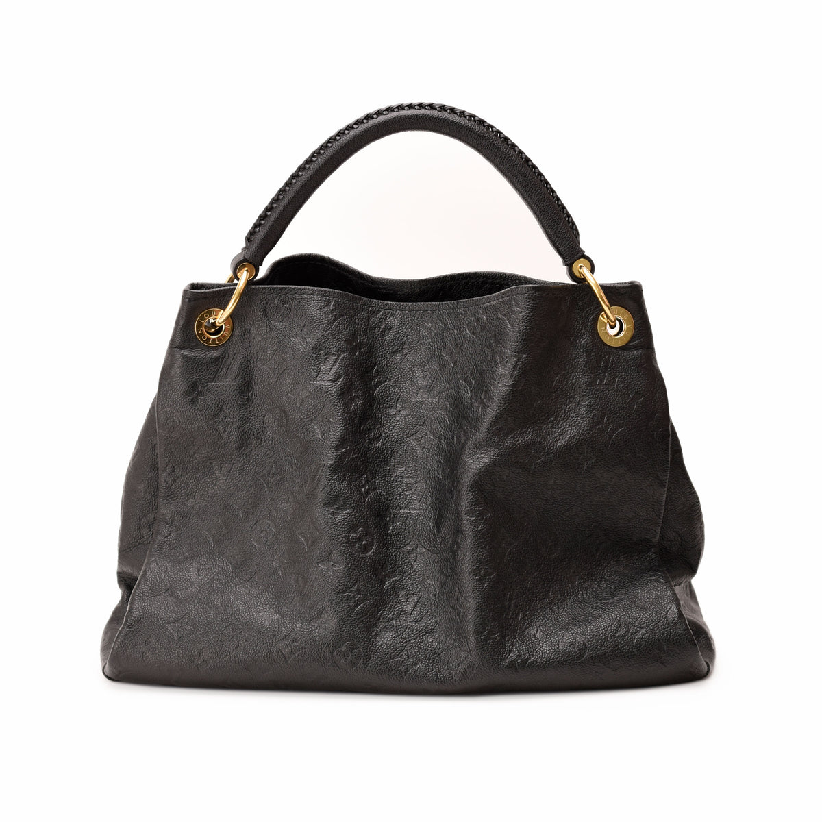 Black monogrammed leather handbag with gold-tone hardware, curated Pre-loved Luxury by Myluxe in Helsinki.