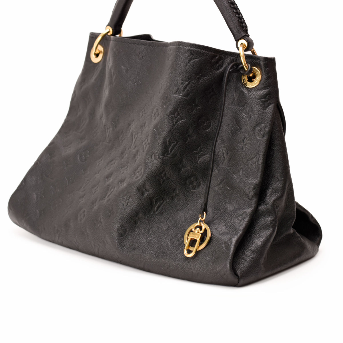 Black monogram leather Louis Vuitton tote bag with gold hardware, curated Pre-loved Luxury by Myluxe in Helsinki.