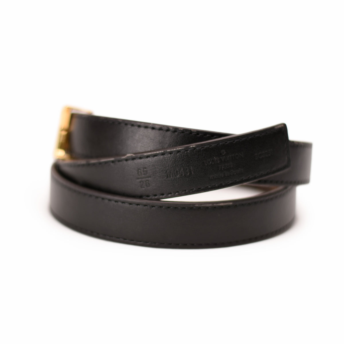 Black leather Louis Vuitton belt with gold buckle, curated Pre-loved Luxury by Myluxe in Helsinki.