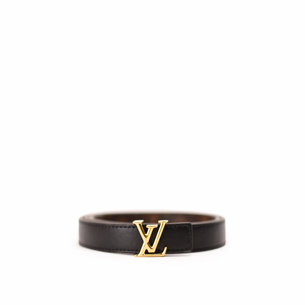 Brown leather Louis Vuitton belt with gold-tone LV buckle, curated Pre-loved Luxury by Myluxe in Helsinki.