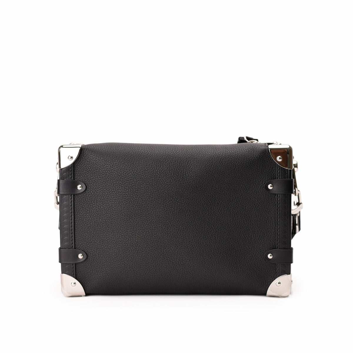 Black grained leather crossbody bag with silver metal corner protectors. curated Pre-loved Luxury by Myluxe in Helsinki.