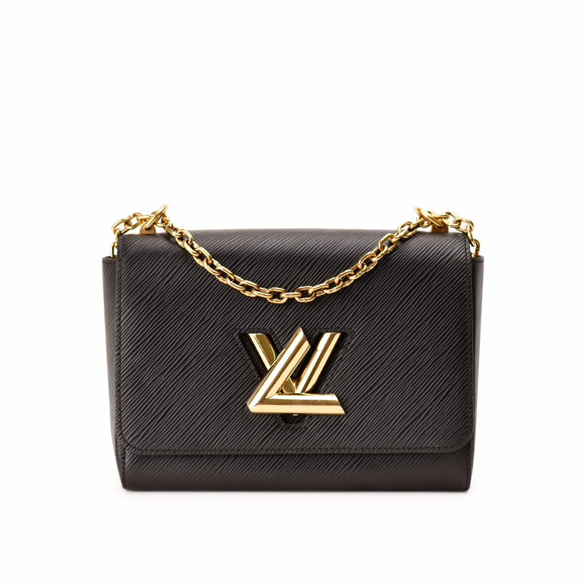 Black Epi leather Louis Vuitton crossbody bag with gold-tone chain and LV logo. curated Pre-loved Luxury by Myluxe in Helsinki.