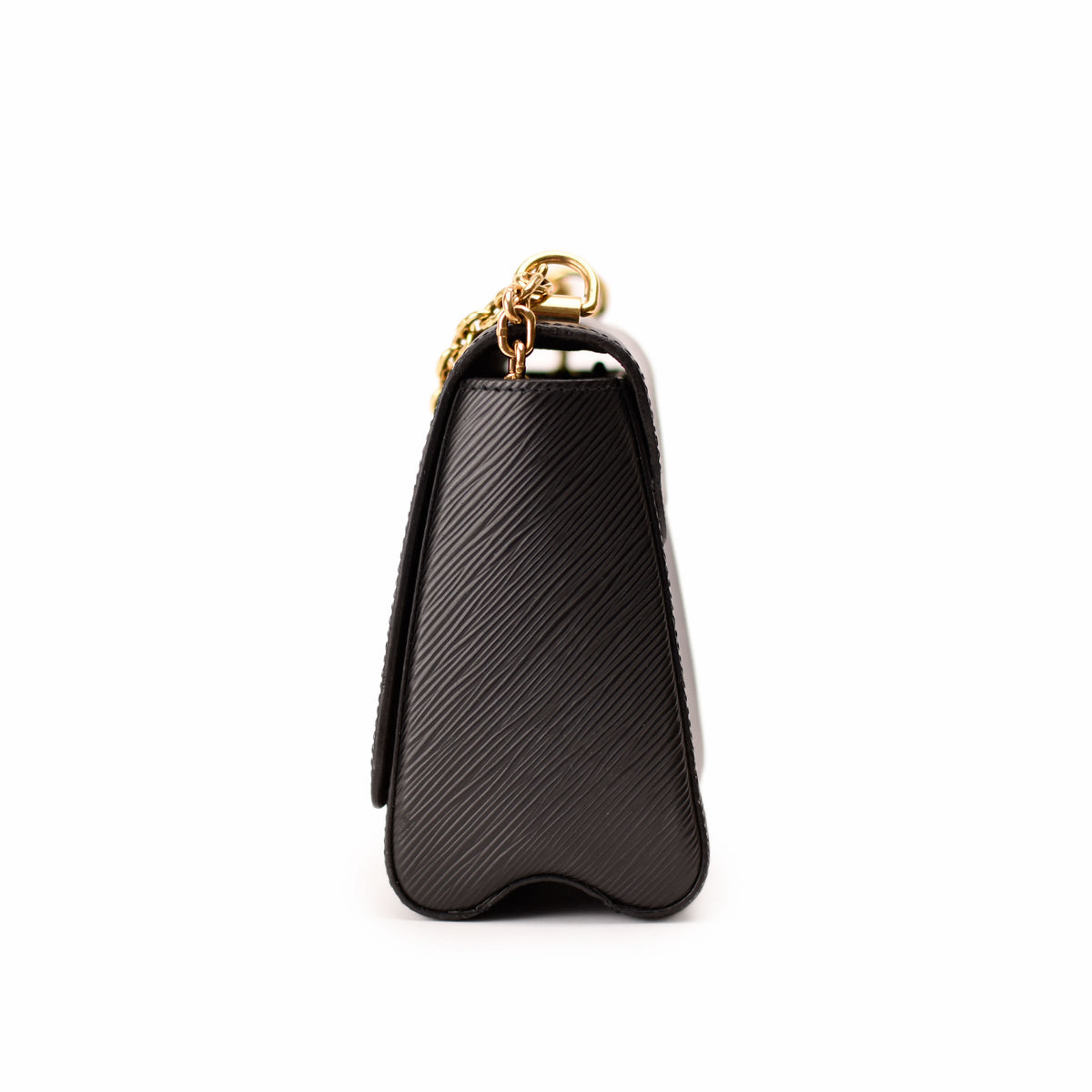 Black textured leather coin purse with gold-tone chain, curated Pre-loved Luxury by Myluxe in Helsinki.